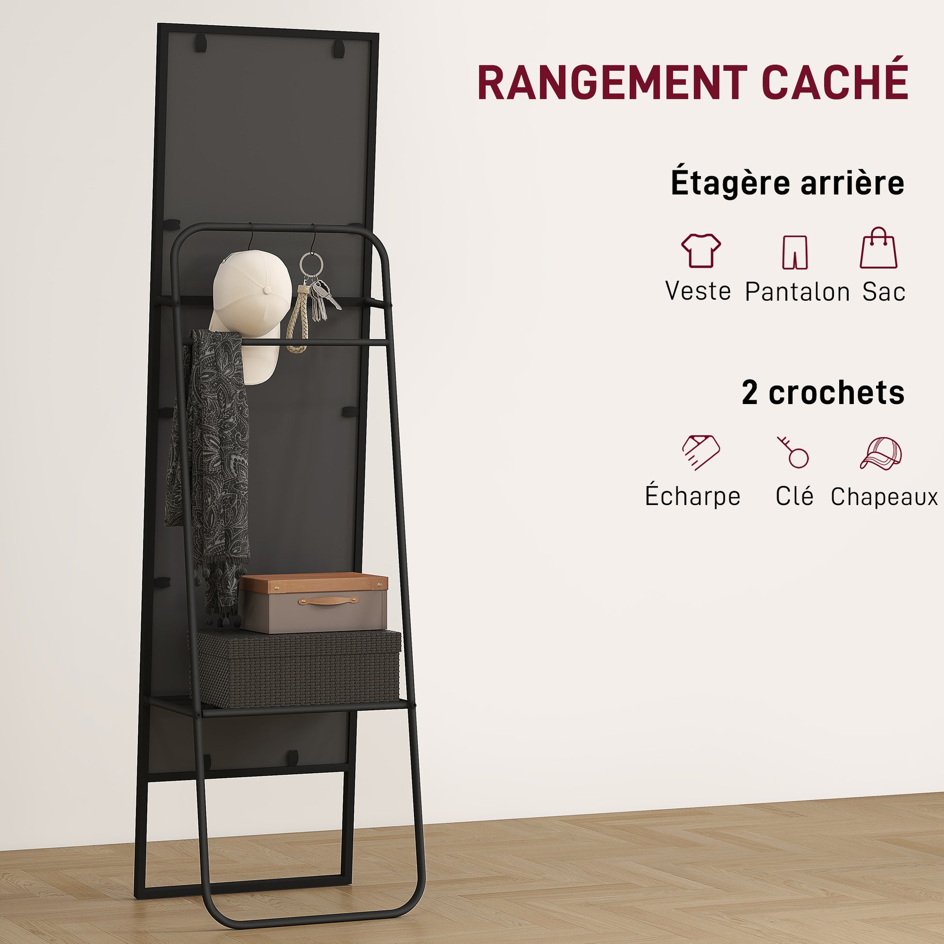 Full-Length Floor Mirror 148.5 x 40 cm, Rectangular Mirror with Back Shelf, 2 Hooks and Metal Frame, for Bedroom, Living Room, and Dressing Area, Black