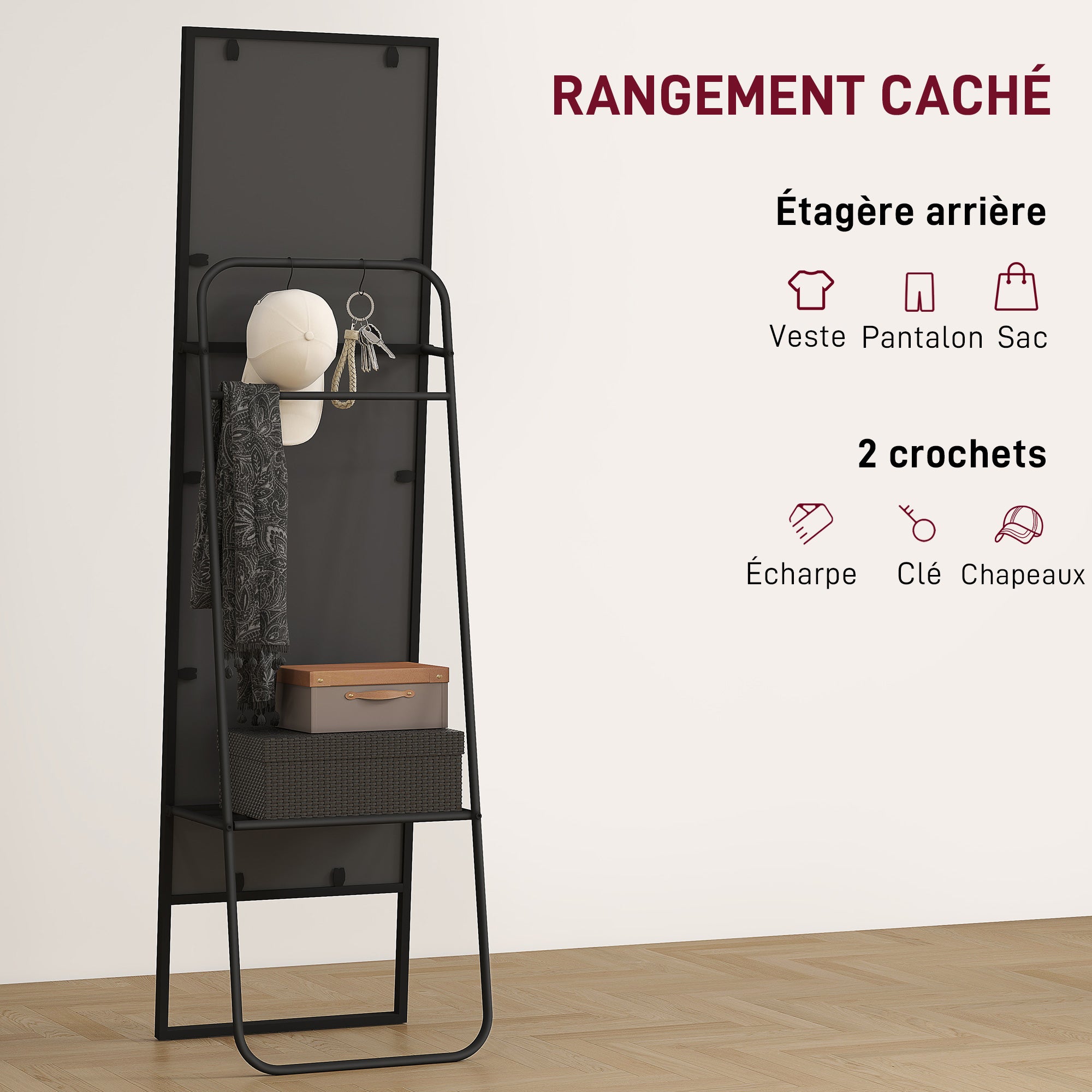 Full-Length Floor Mirror 148.5 x 40 cm, Rectangular Mirror with Back Shelf, 2 Hooks and Metal Frame, for Bedroom, Living Room, and Dressing Area, Black