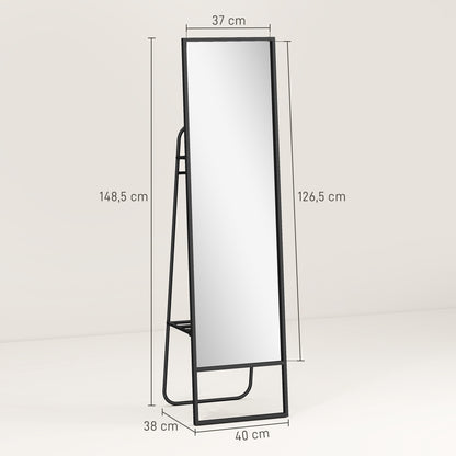 Full-Length Floor Mirror 148.5 x 40 cm, Rectangular Mirror with Back Shelf, 2 Hooks and Metal Frame, for Bedroom, Living Room, and Dressing Area, Black