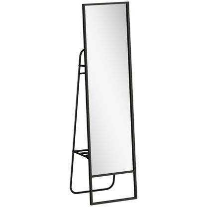 Full-Length Floor Mirror 148.5 x 40 cm, Rectangular Mirror with Back Shelf, 2 Hooks and Metal Frame, for Bedroom, Living Room, and Dressing Area, Black