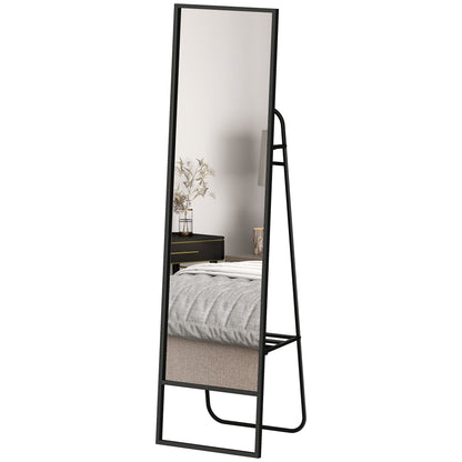 Full-Length Floor Mirror 148.5 x 40 cm, Rectangular Mirror with Back Shelf, 2 Hooks and Metal Frame, for Bedroom, Living Room, and Dressing Area, Black