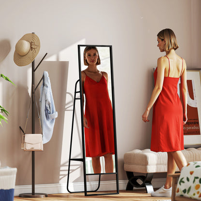 Full-Length Floor Mirror 148.5 x 40 cm, Rectangular Mirror with Back Shelf, 2 Hooks and Metal Frame, for Bedroom, Living Room, and Dressing Area, Black