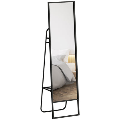 Full-Length Floor Mirror 148.5 x 40 cm, Rectangular Mirror with Back Shelf, 2 Hooks and Metal Frame, for Bedroom, Living Room, and Dressing Area, Black