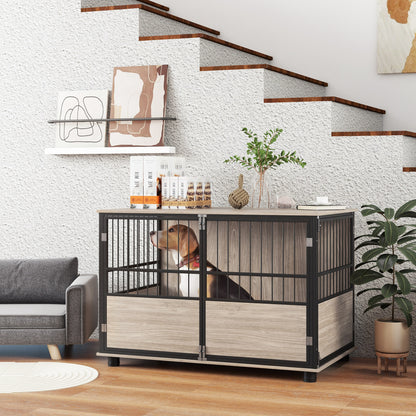 Indoor Dog Cage, End Table, 100 x 60 x 68 cm, for dogs up to 30 kg, 3 lockable doors, easy assembly, black wood look