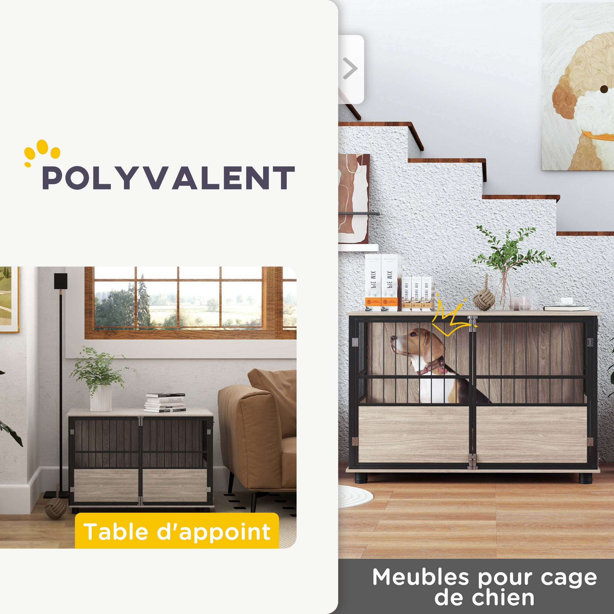 Indoor Dog Cage, End Table, 100 x 60 x 68 cm, for dogs up to 30 kg, 3 lockable doors, easy assembly, black wood look