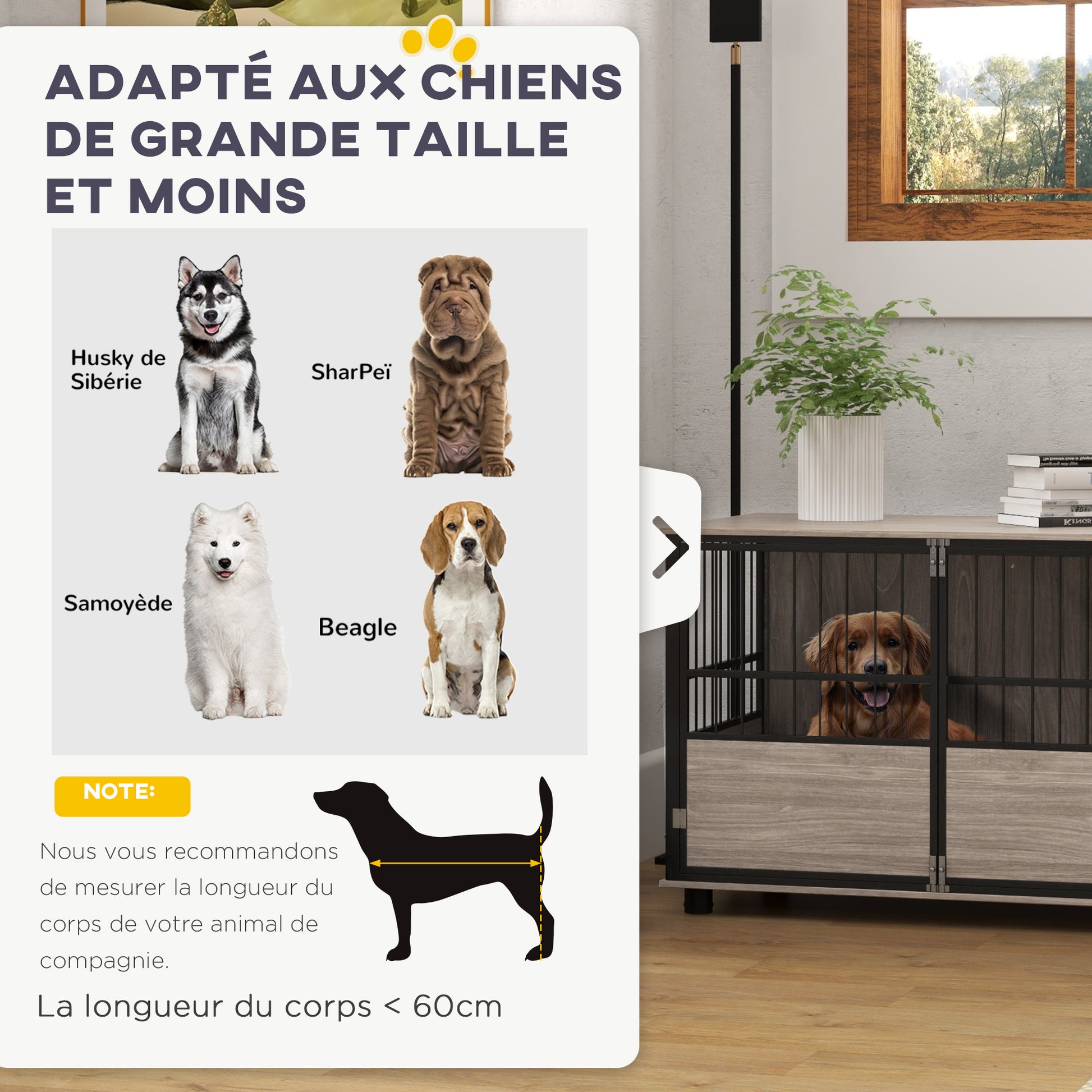 Indoor Dog Cage, End Table, 100 x 60 x 68 cm, for dogs up to 30 kg, 3 lockable doors, easy assembly, black wood look