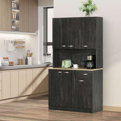 Contemporary Kitchen Buffet Storage Cabinet 6 Doors 1 Drawer + Large Tabletop 101L x 39W x 180H cm Black Wood