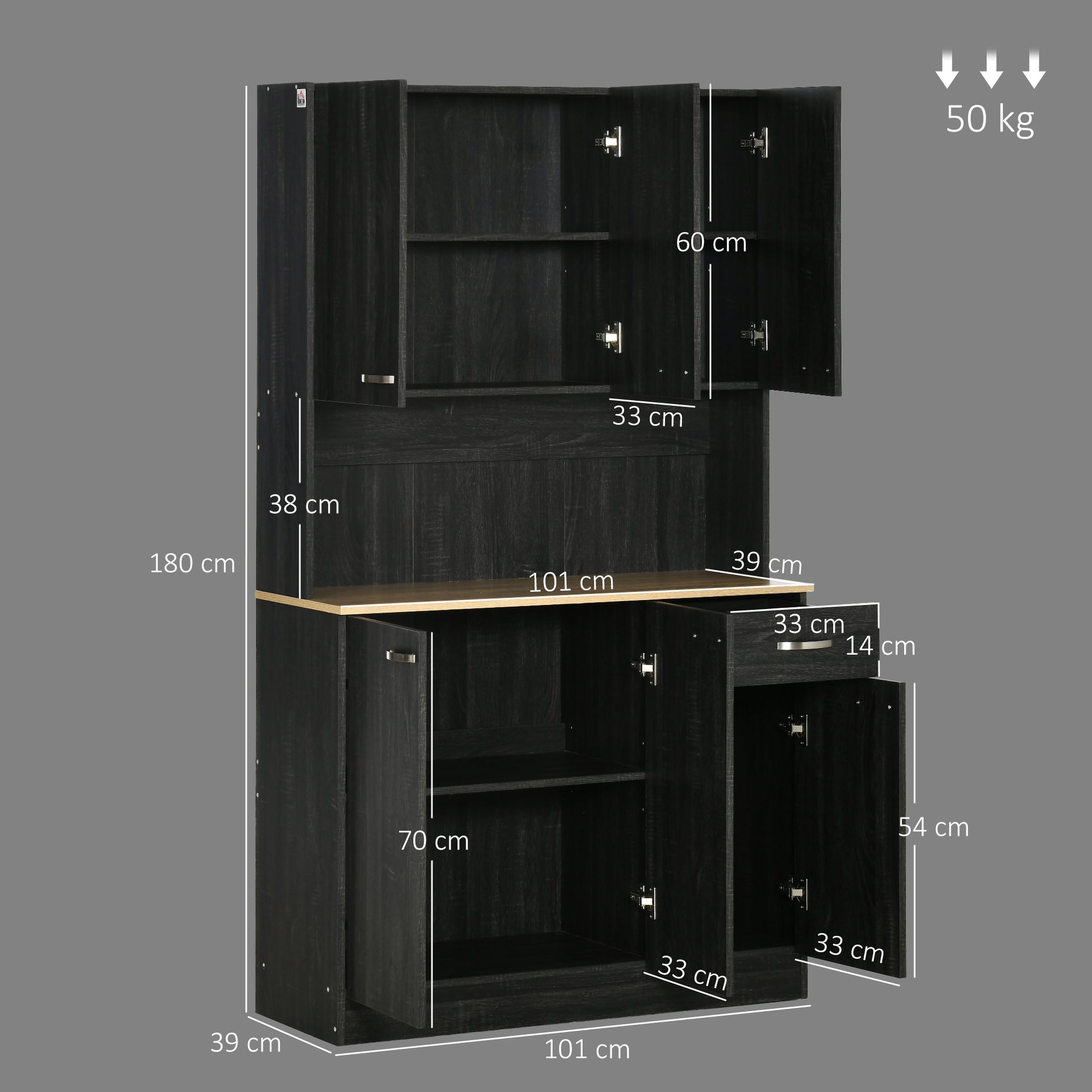 Contemporary Kitchen Buffet Storage Cabinet 6 Doors 1 Drawer + Large Tabletop 101L x 39W x 180H cm Black Wood