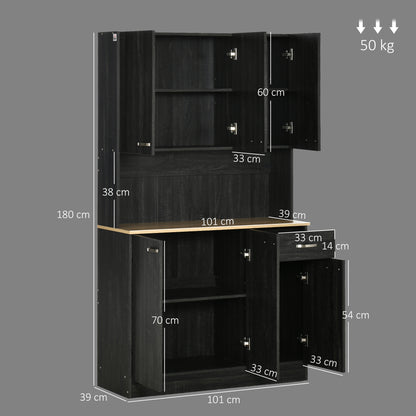 Contemporary Kitchen Buffet Storage Cabinet 6 Doors 1 Drawer + Large Tabletop 101L x 39W x 180H cm Black Wood