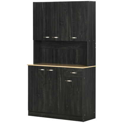 Contemporary Kitchen Buffet Storage Cabinet 6 Doors 1 Drawer + Large Tabletop 101L x 39W x 180H cm Black Wood