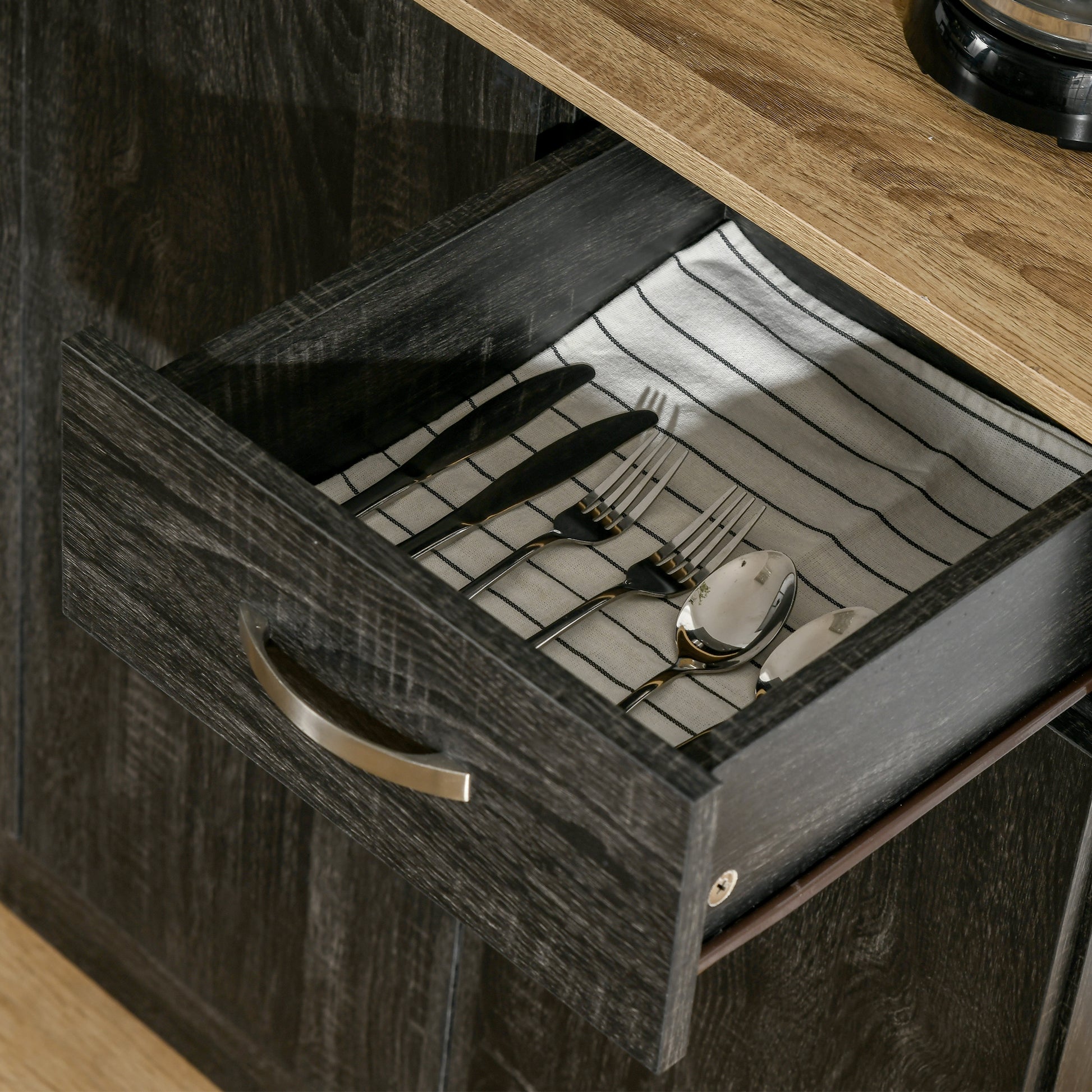 Contemporary Kitchen Buffet Storage Cabinet 6 Doors 1 Drawer + Large Tabletop 101L x 39W x 180H cm Black Wood
