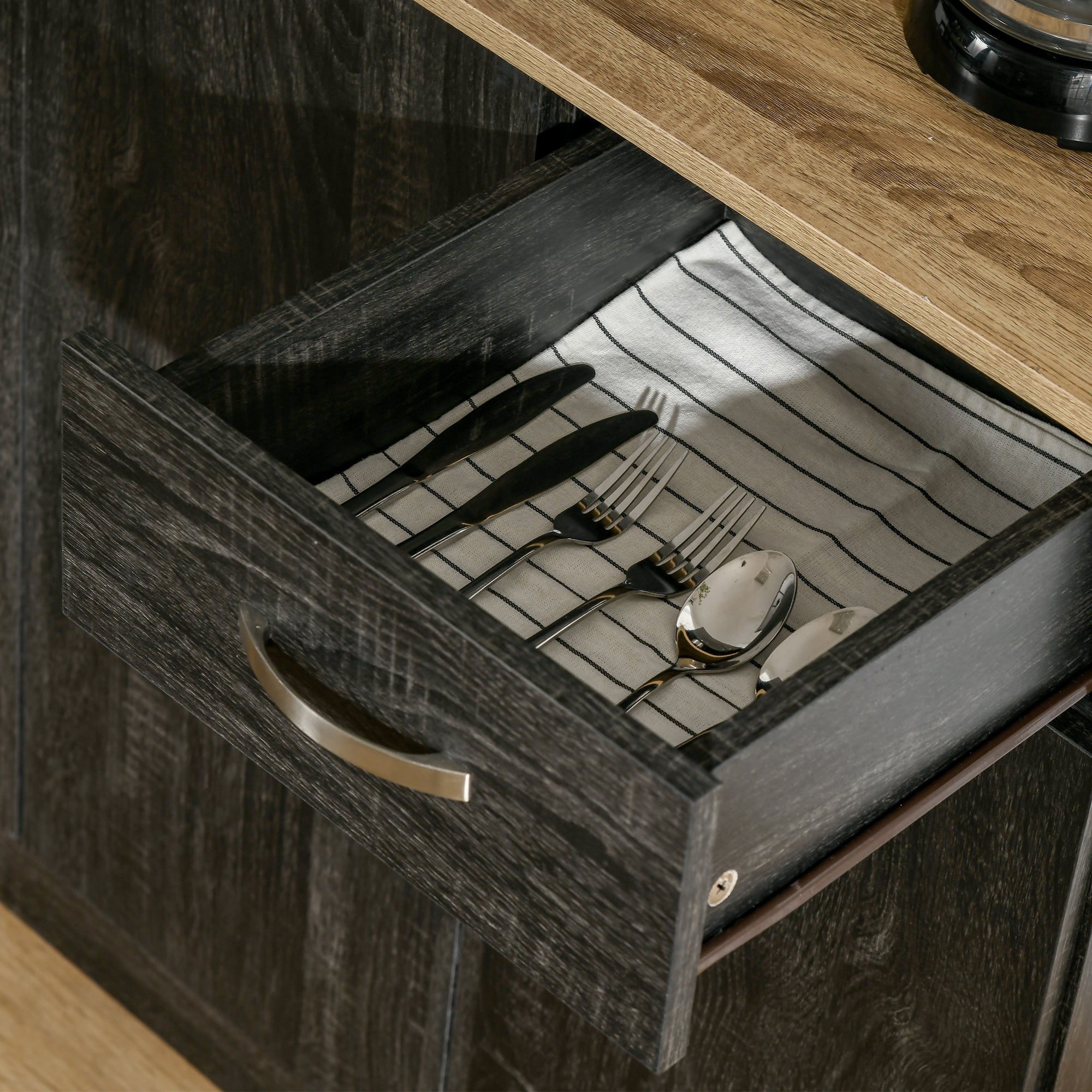 Contemporary Kitchen Buffet Storage Cabinet 6 Doors 1 Drawer + Large Tabletop 101L x 39W x 180H cm Black Wood