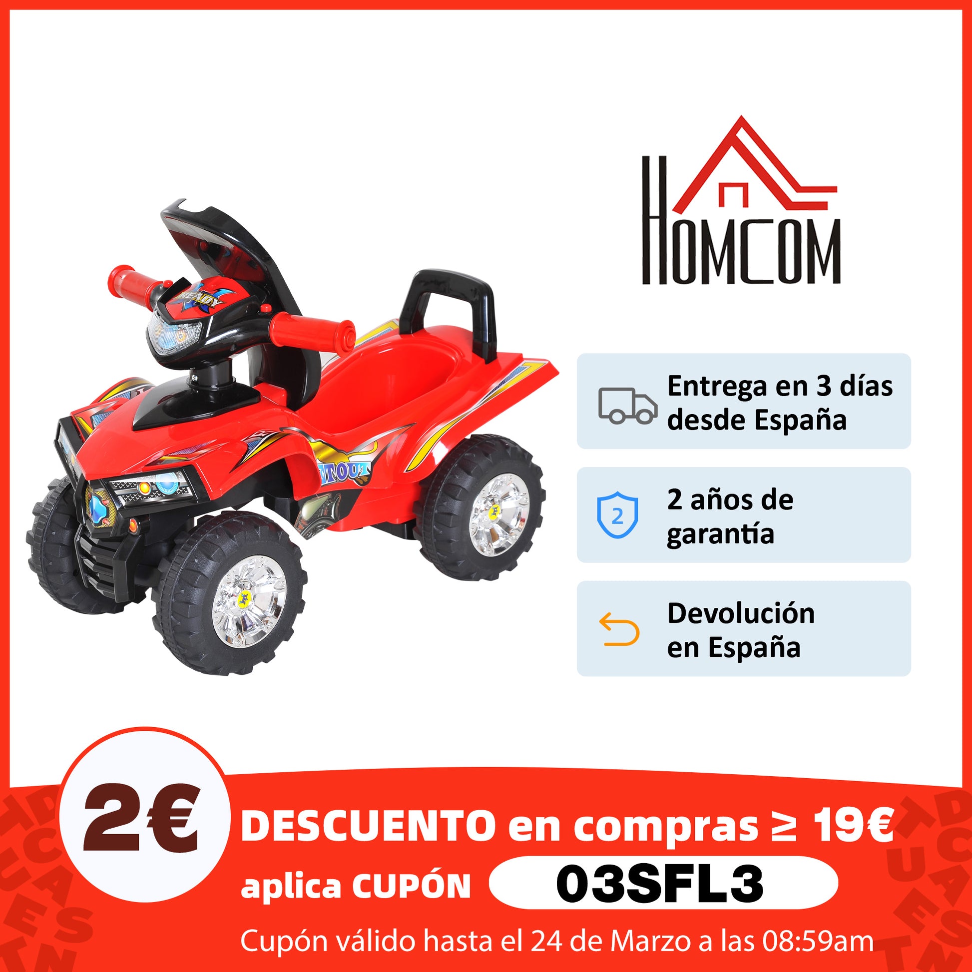 Infant Quad Ride-On Car without Pedals for Baby Racing Style Walker Toy with Horn Music Lights 60x38x42cm