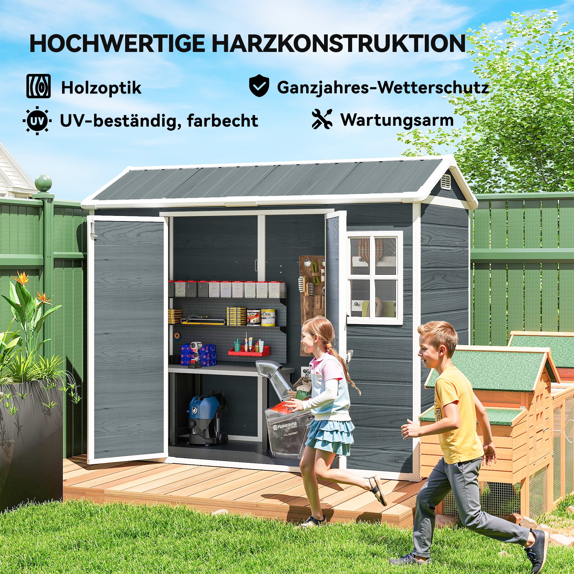 30 sq ft Wood-Effect Plastic Garden Shed — 244 × 131 × 201 cm (8'0" × 4'4" × 6'7") • Gable Roof, Double Doors, Windows, Ventilation, Floor, Lock & Gloves