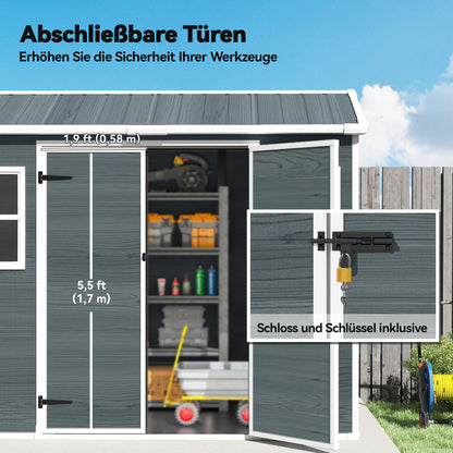 30 sq ft Wood-Effect Plastic Garden Shed — 244 × 131 × 201 cm (8'0" × 4'4" × 6'7") • Gable Roof, Double Doors, Windows, Ventilation, Floor, Lock & Gloves