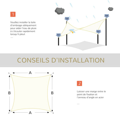 Rectangular Shade Sail 3 x 3 m High-Density Polyethylene UV Protection With Storage Bag - Cream