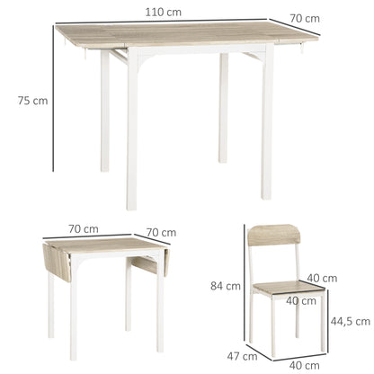 3 Piece Dining Set with 2 Chairs and 1 Table Dining Table Set with Foldable Tabletop for Kitchen Small Spaces Steel MDF Natural+White 110 x 70 x 75 cm