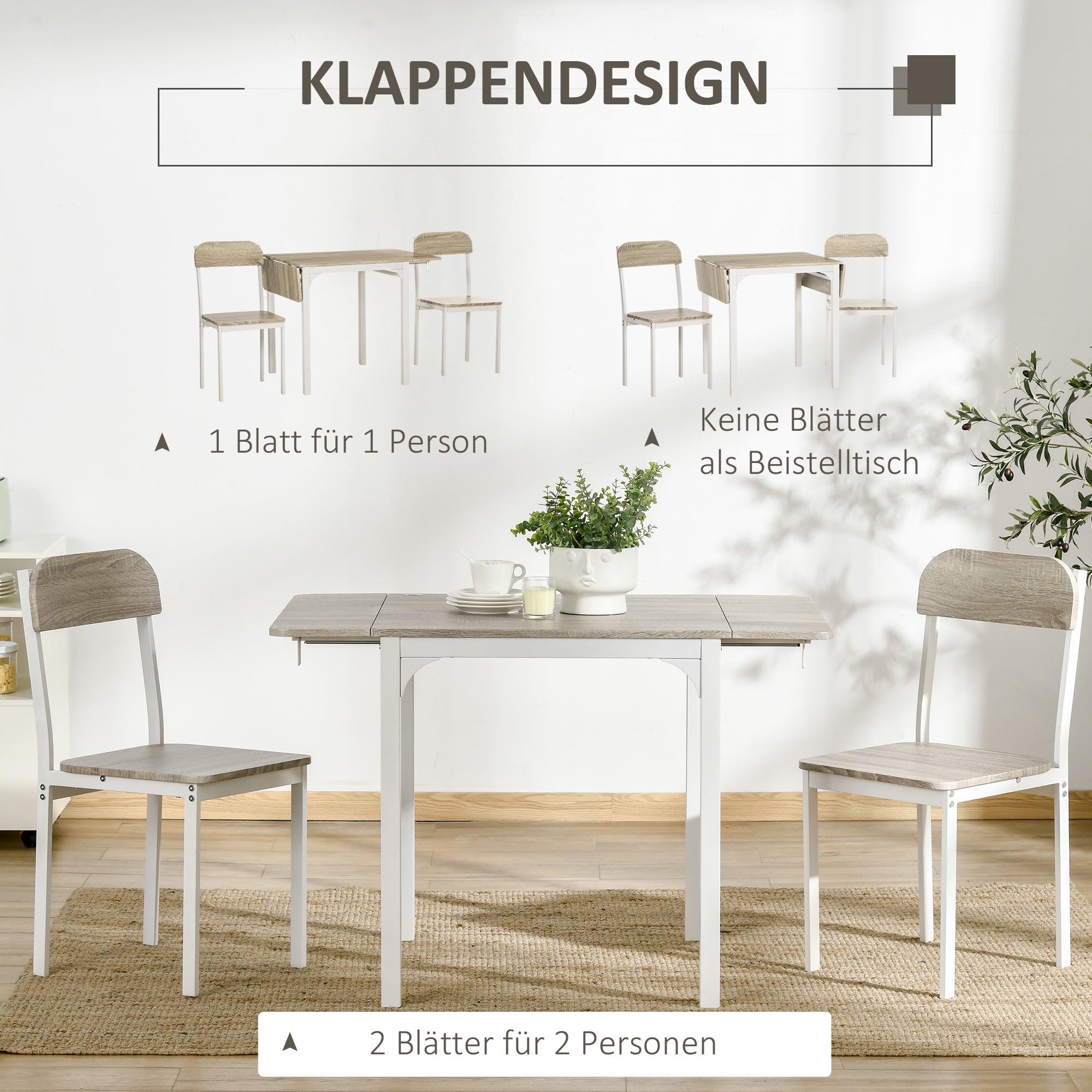 3 Piece Dining Set with 2 Chairs and 1 Table Dining Table Set with Foldable Tabletop for Kitchen Small Spaces Steel MDF Natural+White 110 x 70 x 75 cm