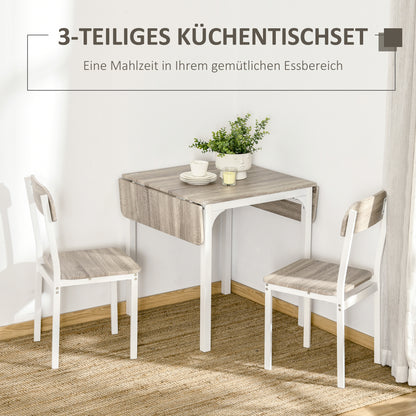 3 Piece Dining Set with 2 Chairs and 1 Table Dining Table Set with Foldable Tabletop for Kitchen Small Spaces Steel MDF Natural+White 110 x 70 x 75 cm