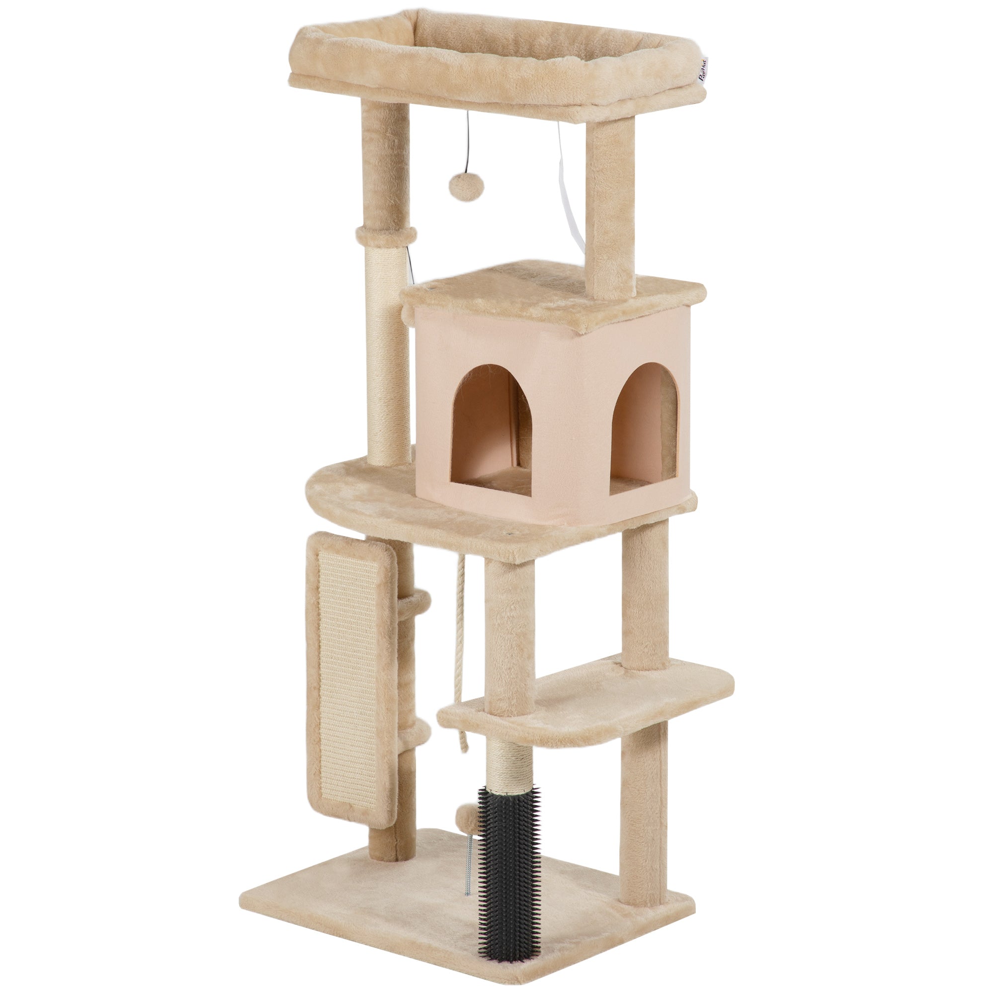 Cat Scratching Tree Height 132 cm Cat Tower with Platforms Post with Brush Hanging Balls and Scratching Pad Beige