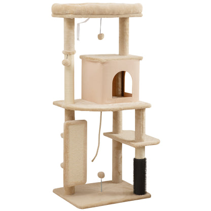 Cat Scratching Tree Height 132 cm Cat Tower with Platforms Post with Brush Hanging Balls and Scratching Pad Beige