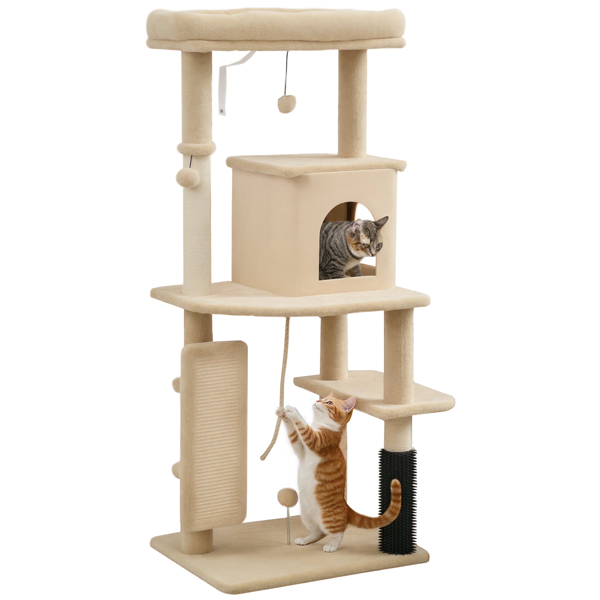 Cat Scratching Tree Height 132 cm Cat Tower with Platforms Post with Brush Hanging Balls and Scratching Pad Beige