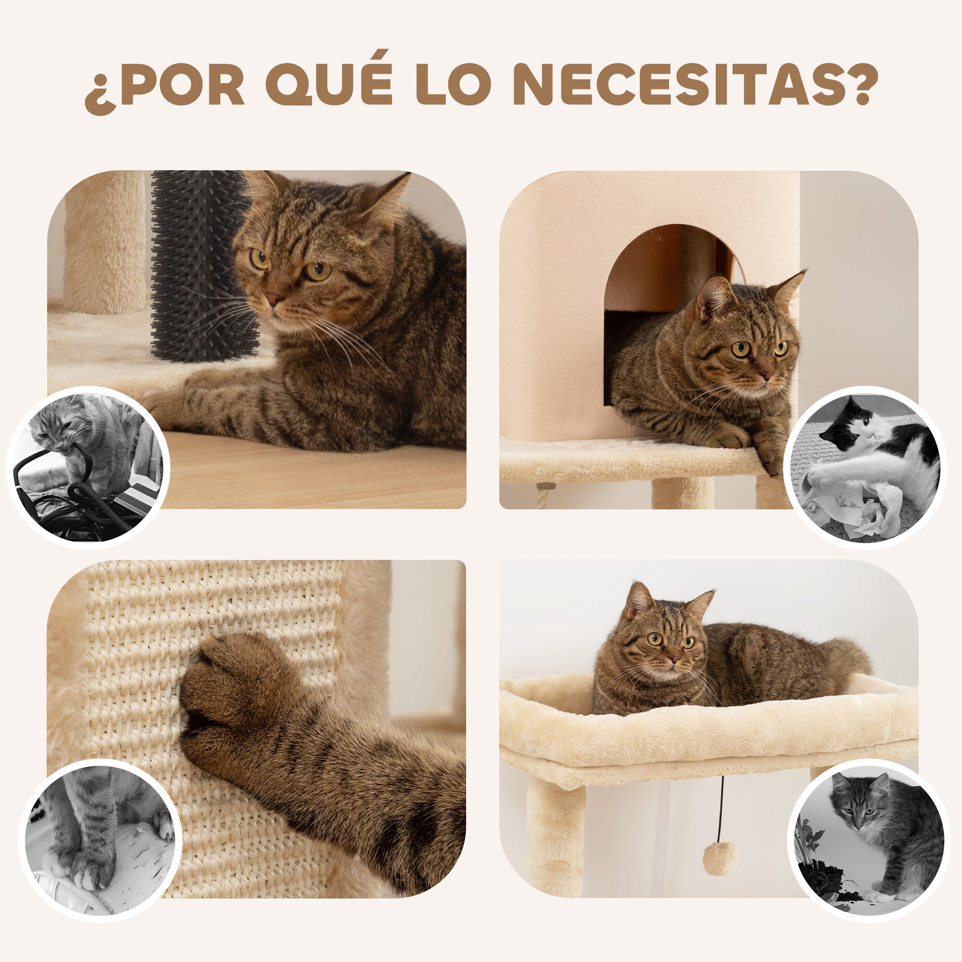 Cat Scratching Tree Height 132 cm Cat Tower with Platforms Post with Brush Hanging Balls and Scratching Pad Beige