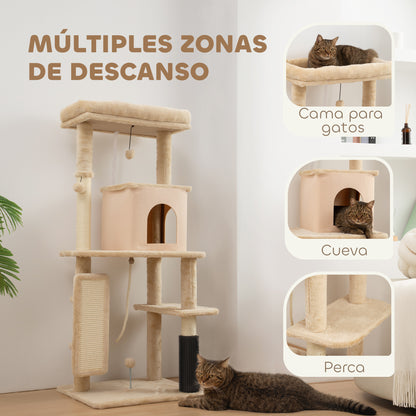 Cat Scratching Tree Height 132 cm Cat Tower with Platforms Post with Brush Hanging Balls and Scratching Pad Beige