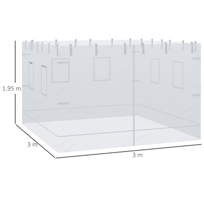 4 Nylon Side Walls Suitable for 3x3 m Pavilion, Set 3-piece Mosquito Net with 6 Windows and Zippered Door, 118.11x76.77 inches, White