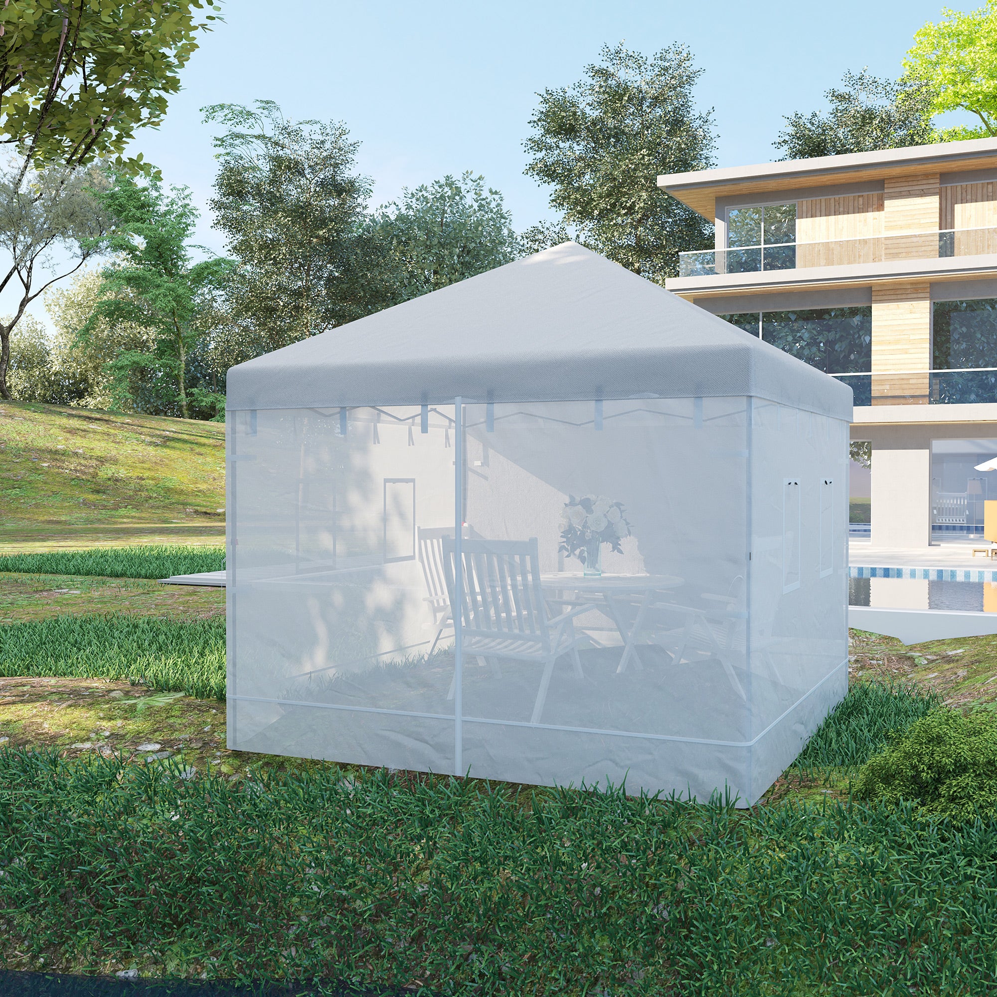 4 Nylon Side Walls Suitable for 3x3 m Pavilion, Set 3-piece Mosquito Net with 6 Windows and Zippered Door, 118.11x76.77 inches, White