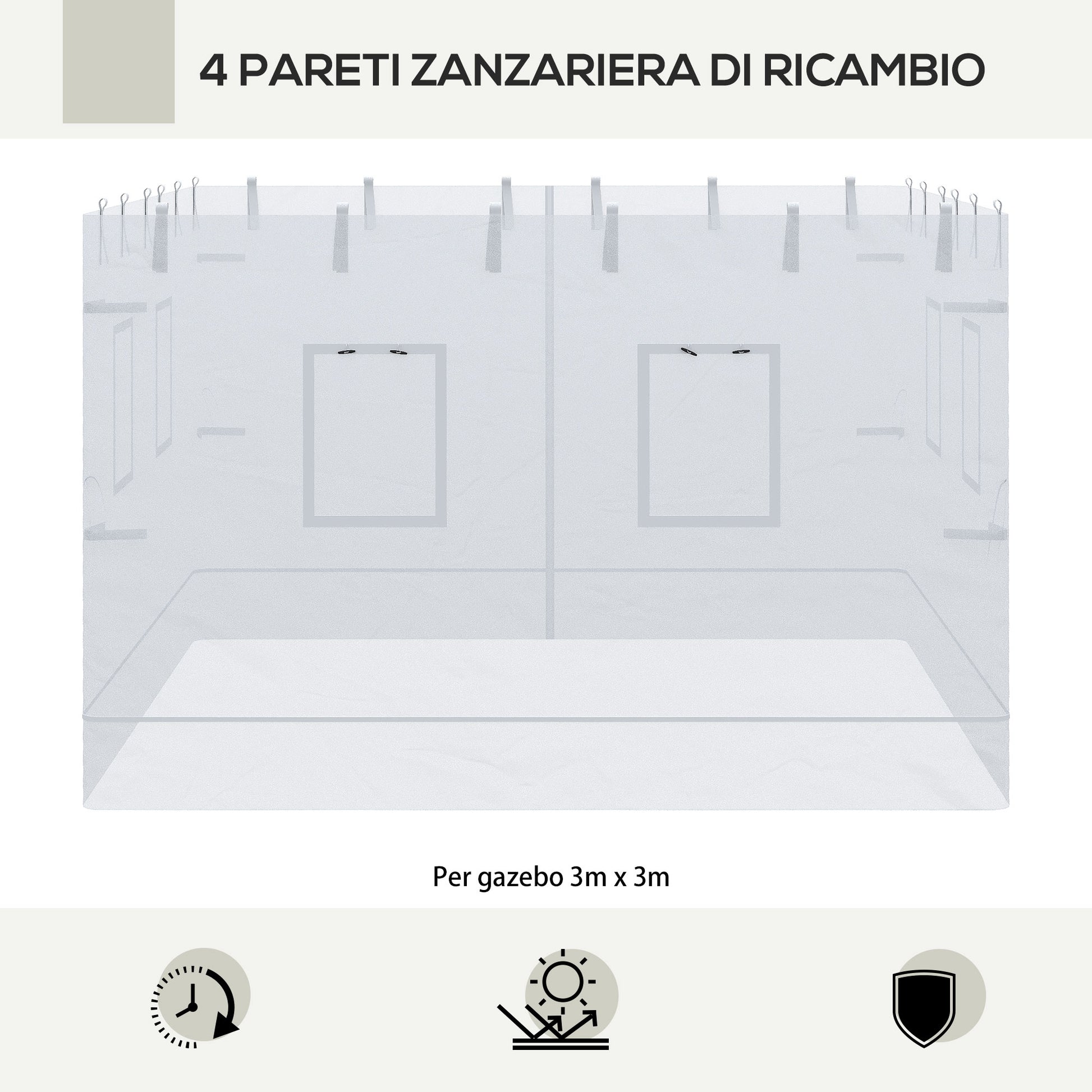 4 Nylon Side Walls Suitable for 3x3 m Pavilion, Set 3-piece Mosquito Net with 6 Windows and Zippered Door, 118.11x76.77 inches, White