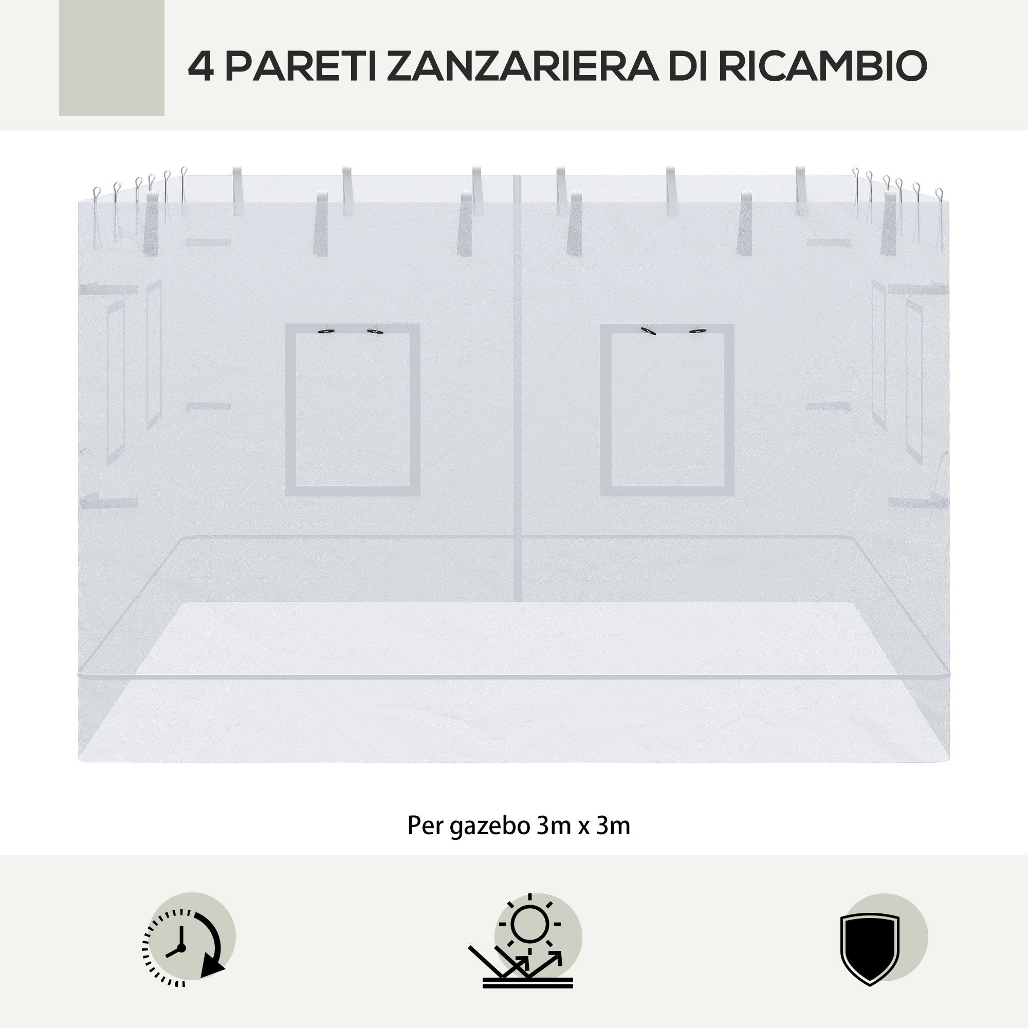 4 Nylon Side Walls Suitable for 3x3 m Pavilion, Set 3-piece Mosquito Net with 6 Windows and Zippered Door, 118.11x76.77 inches, White