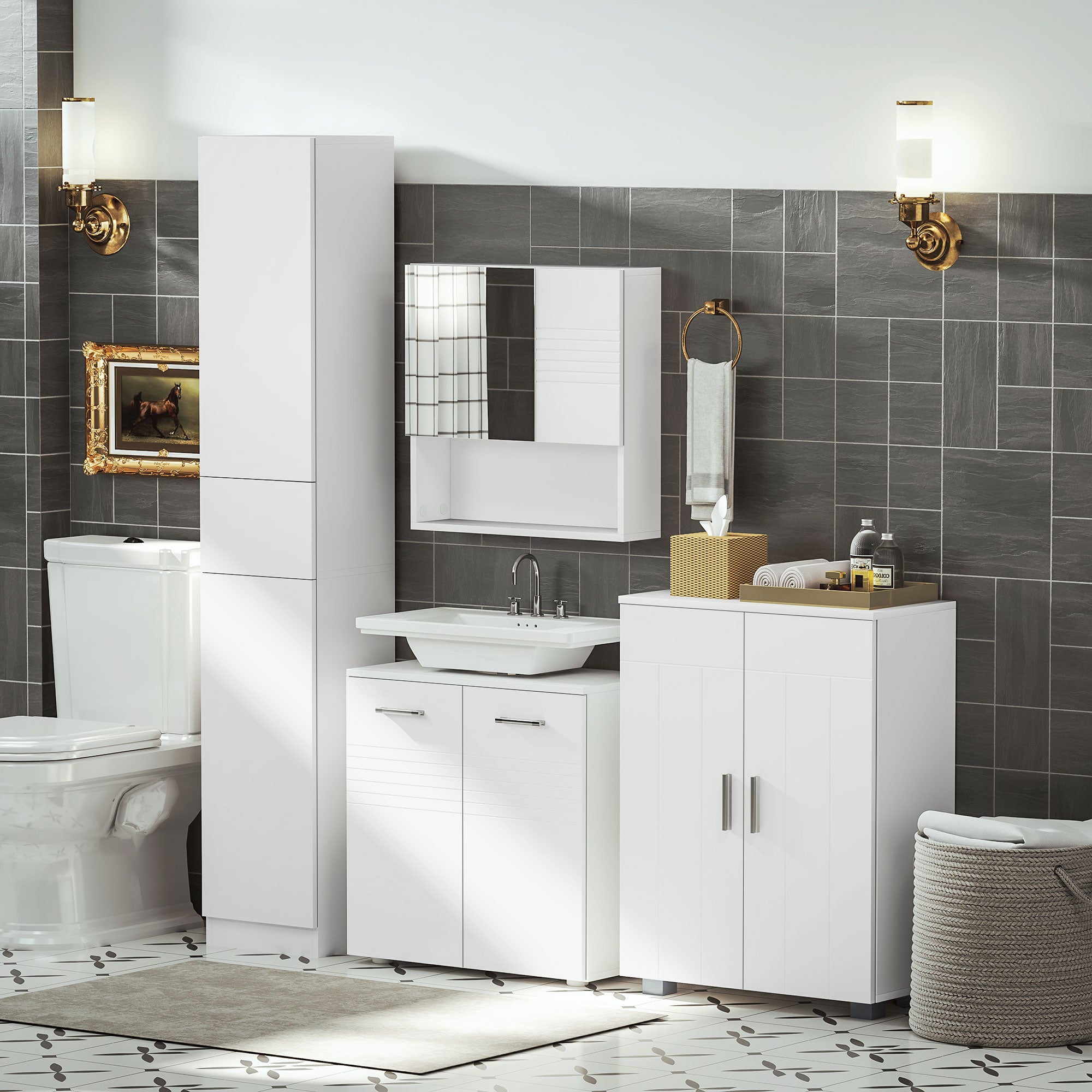 Bathroom Cabinet with 2 Doors and 2 Adjustable Shelves with 7 Levels Storage Cabinet for Living Room Kitchen Anti-tip 60x30x80 cm White