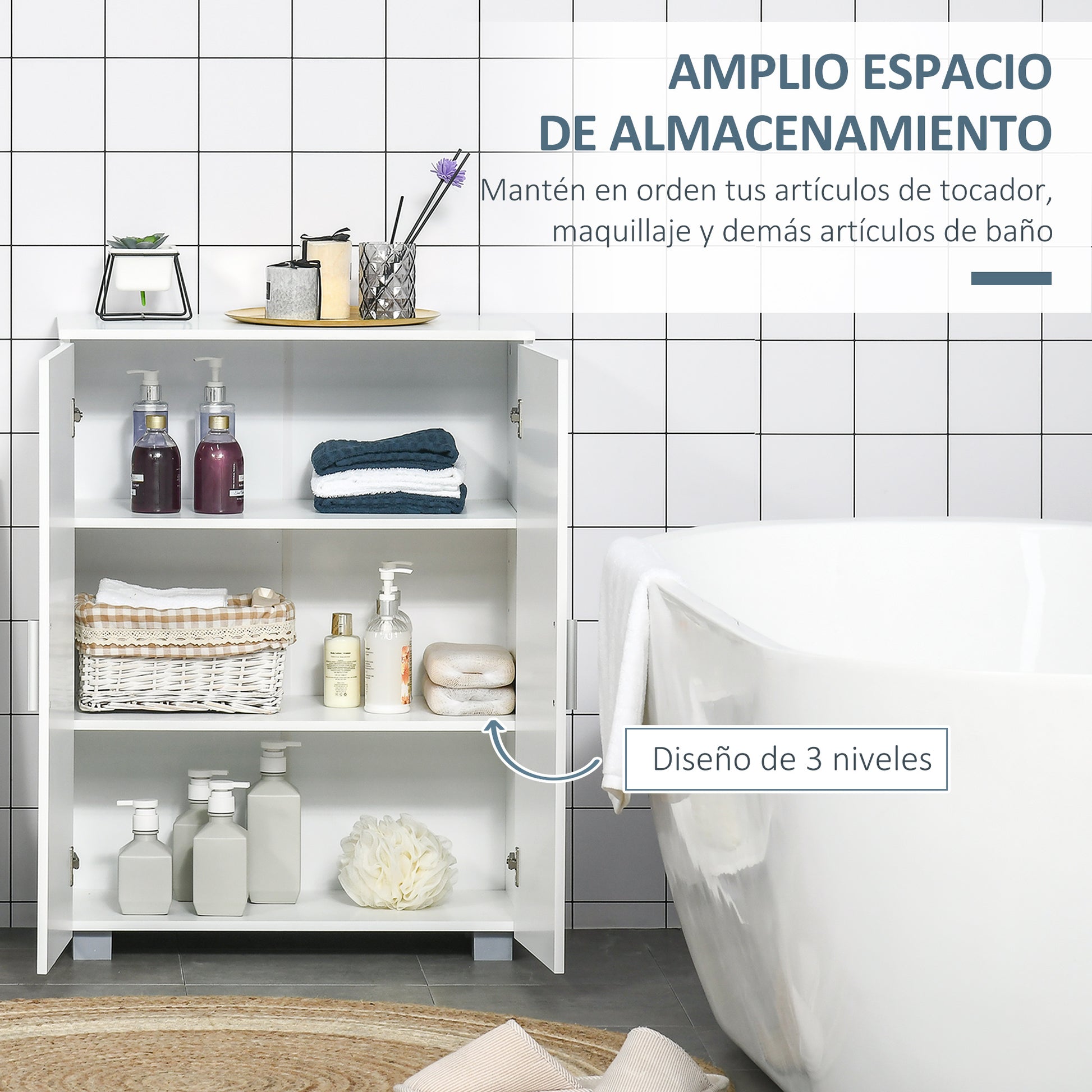 Bathroom Cabinet with 2 Doors and 2 Adjustable Shelves with 7 Levels Storage Cabinet for Living Room Kitchen Anti-tip 60x30x80 cm White