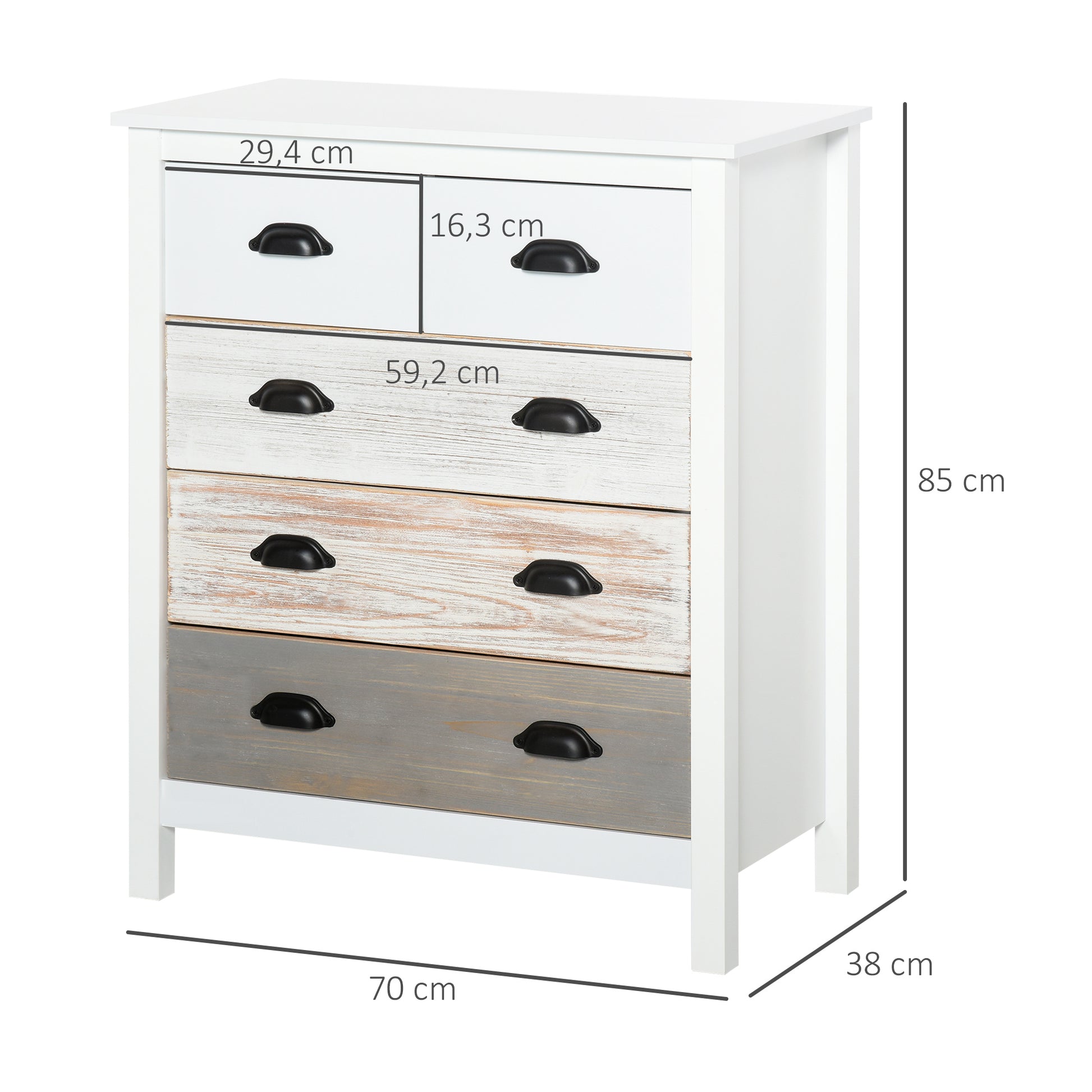 5-Drawer Chest Modern Bedroom Chest of Drawers with Anti-Tip Design Hallway Chest of Drawers 70x38x85 cm White