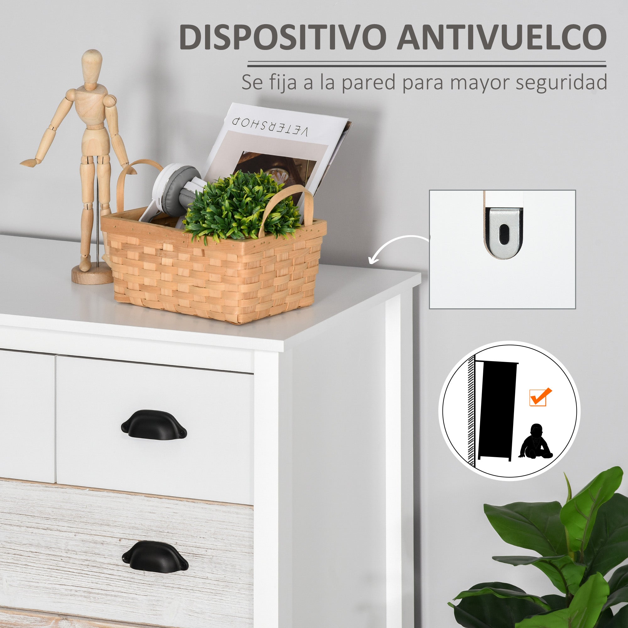 5-Drawer Chest Modern Bedroom Chest of Drawers with Anti-Tip Design Hallway Chest of Drawers 70x38x85 cm White