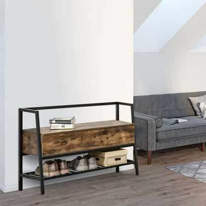 Industrial Style Shoe Rack Bench with Storage Compartment, Vintage Space-Saving Shoe Bench in Wood and Metal, Rustic Brown, 90x37x60cm