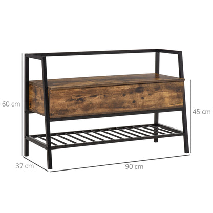 Industrial Style Shoe Rack Bench with Storage Compartment, Vintage Space-Saving Shoe Bench in Wood and Metal, Rustic Brown, 90x37x60cm