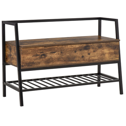 Industrial Style Shoe Rack Bench with Storage Compartment, Vintage Space-Saving Shoe Bench in Wood and Metal, Rustic Brown, 90x37x60cm