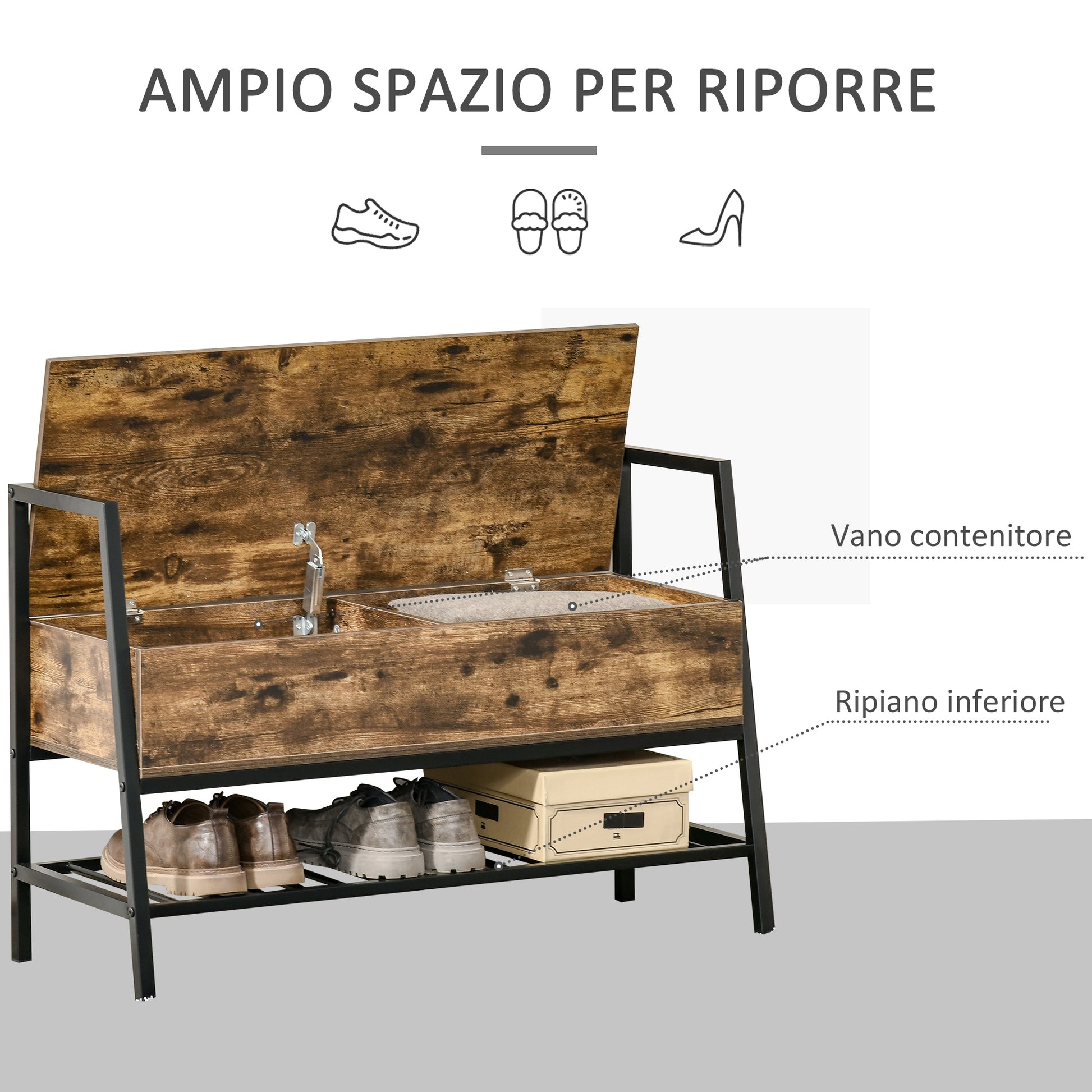 Industrial Style Shoe Rack Bench with Storage Compartment, Vintage Space-Saving Shoe Bench in Wood and Metal, Rustic Brown, 90x37x60cm