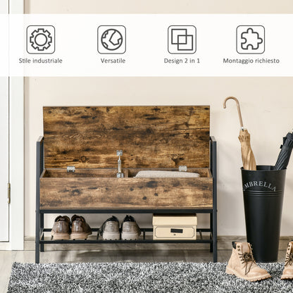 Industrial Style Shoe Rack Bench with Storage Compartment, Vintage Space-Saving Shoe Bench in Wood and Metal, Rustic Brown, 90x37x60cm