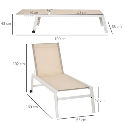 Sun Lounger, Garden Lounger, 5-Position Backrest, Aluminum, Cream White, 202 x 65 x 43 cm