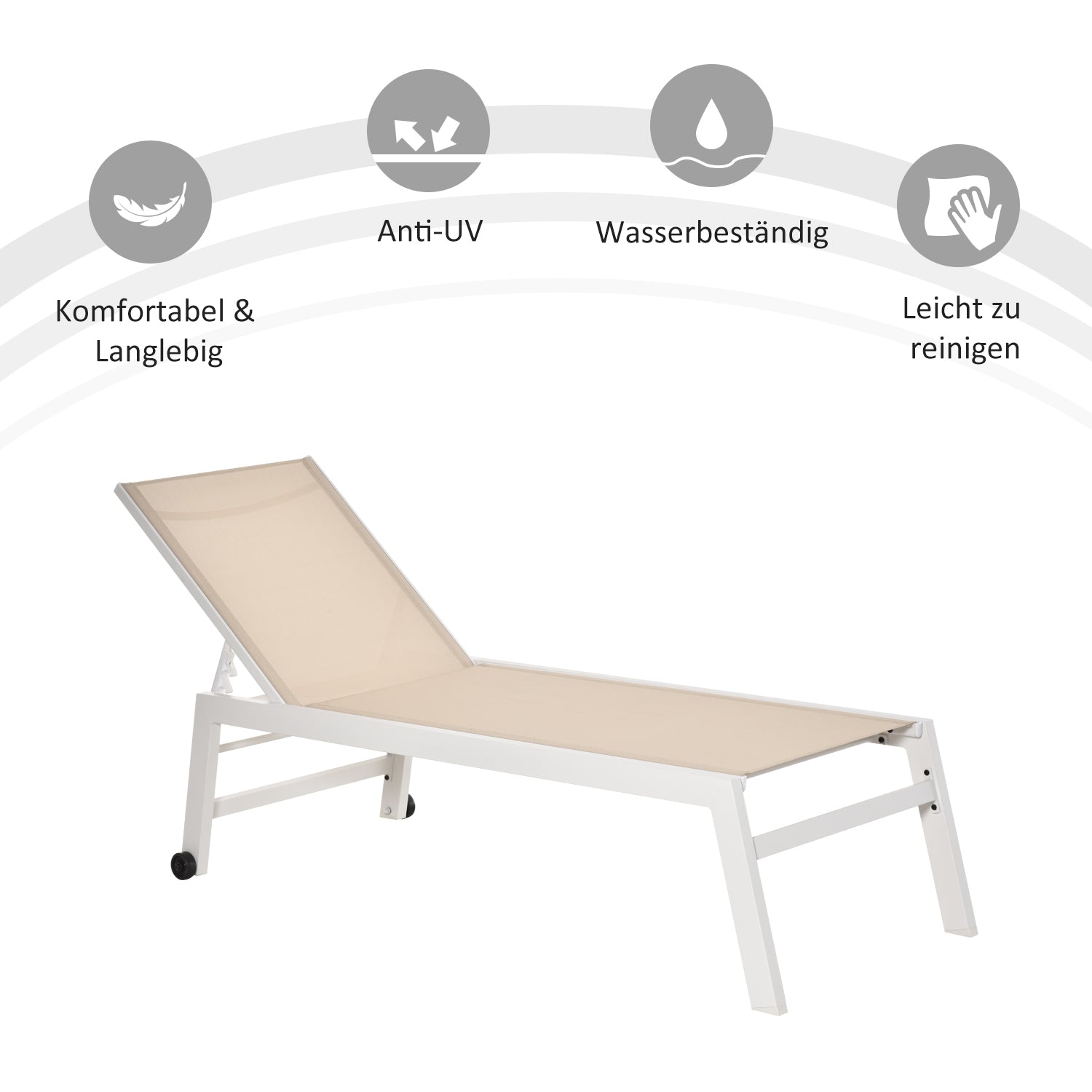 Sun Lounger, Garden Lounger, 5-Position Backrest, Aluminum, Cream White, 202 x 65 x 43 cm