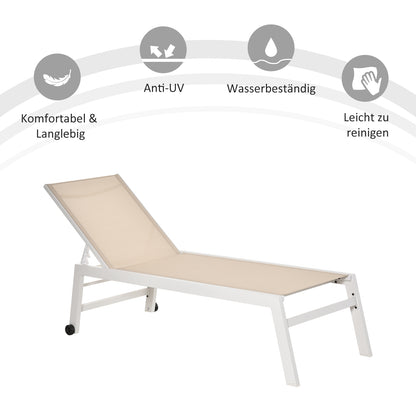 Sun Lounger, Garden Lounger, 5-Position Backrest, Aluminum, Cream White, 202 x 65 x 43 cm