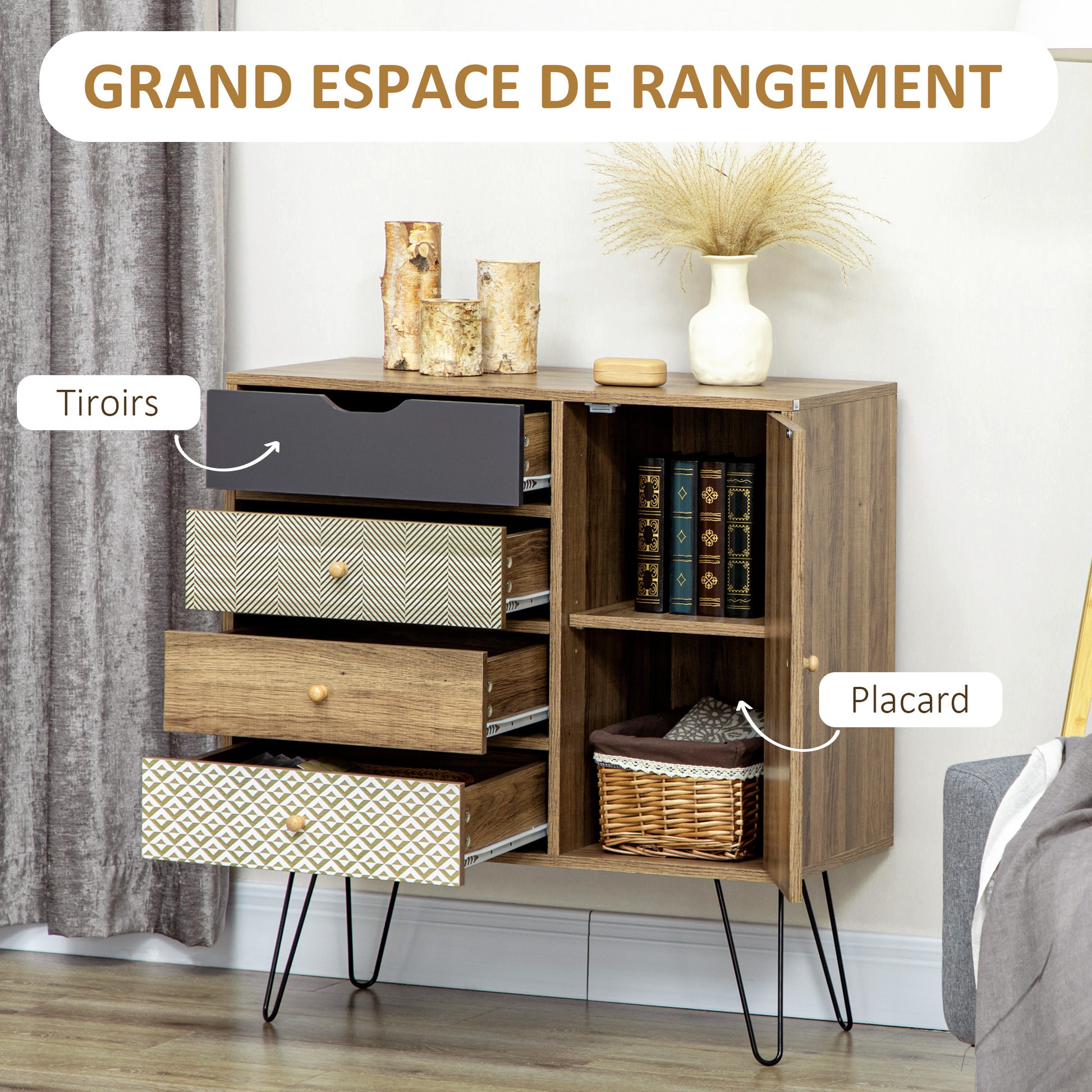 Storage Cabinet Chest of 4 Drawers 1 Cupboard - Hairpin Legs - Bohemian Style - 79 x 39 x 86 cm Brown