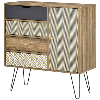 Storage Cabinet Chest of 4 Drawers 1 Cupboard - Hairpin Legs - Bohemian Style - 79 x 39 x 86 cm Brown