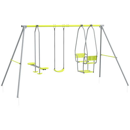 3-in-1 Children's Swing Set with 1 Regular Seat and 3 Swings, Metal Frame, Max Load 225 kg, Outdoor Play Area, Green