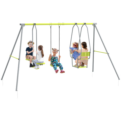 3-in-1 Children's Swing Set with 1 Regular Seat and 3 Swings, Metal Frame, Max Load 225 kg, Outdoor Play Area, Green