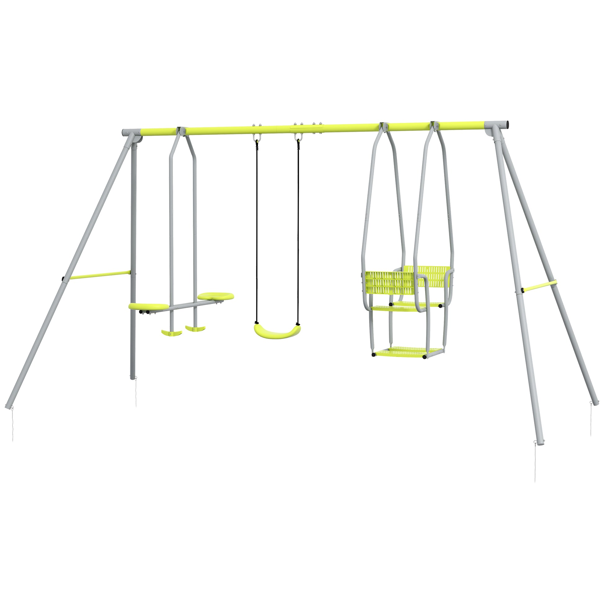 3-in-1 Children's Swing Set with 1 Regular Seat and 3 Swings, Metal Frame, Max Load 225 kg, Outdoor Play Area, Green