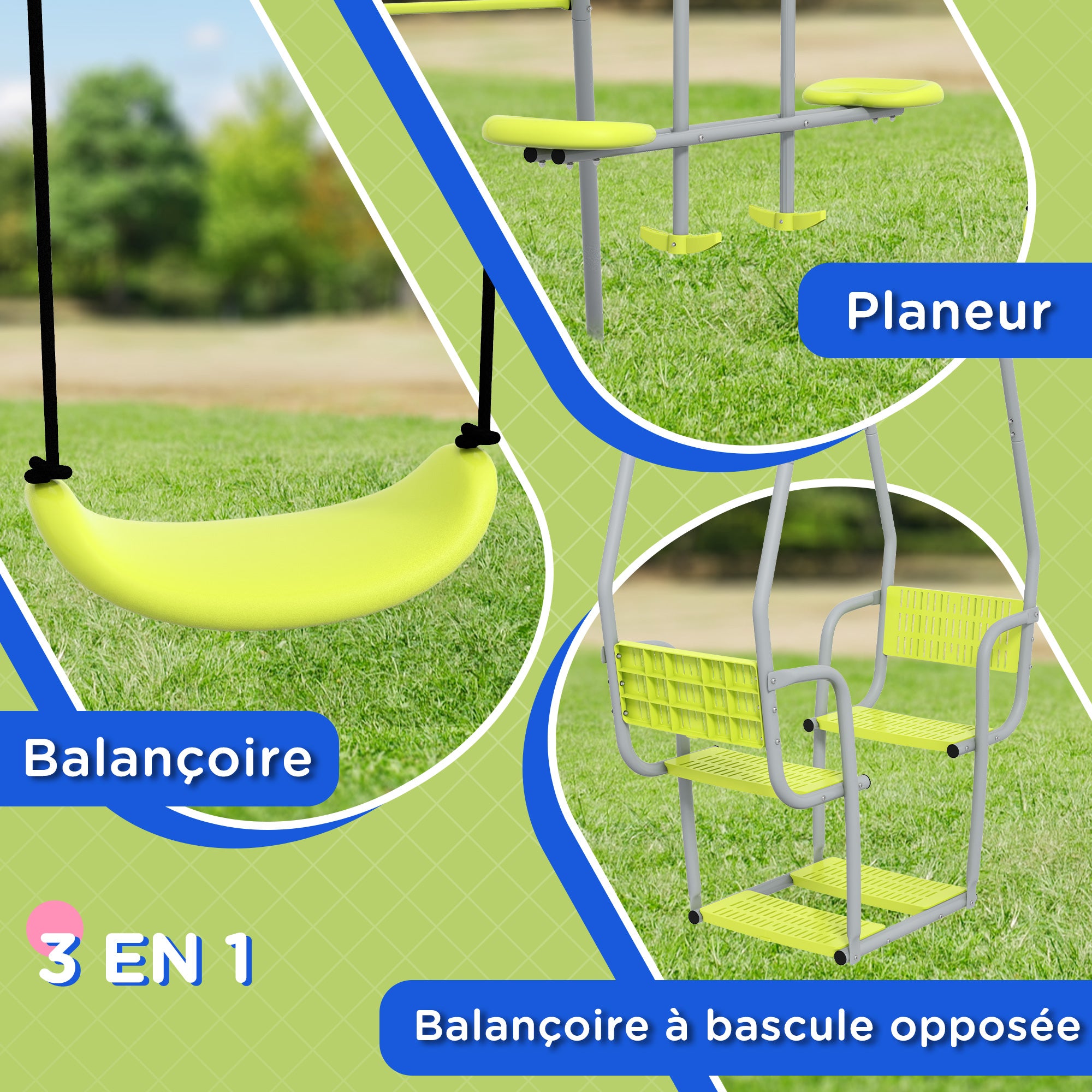 3-in-1 Children's Swing Set with 1 Regular Seat and 3 Swings, Metal Frame, Max Load 225 kg, Outdoor Play Area, Green